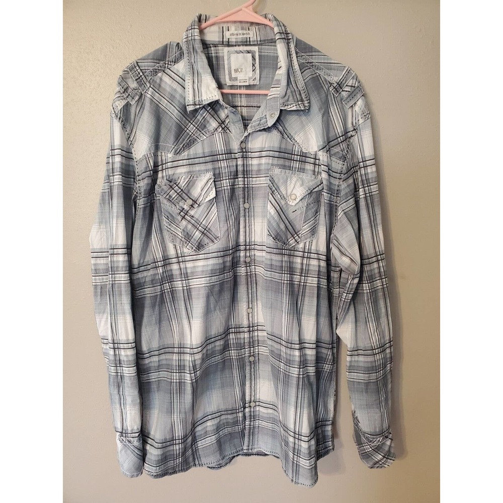 BKE Pearl Snap Shirt Mens XXL Gray Blue Plaid Long Sleeve Athletic Fit Collared